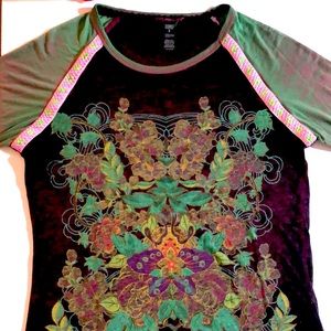 CUSTO BARCELONA Long Sleeve Mystic Top Tee Sz 4 Med Floral Green Purple Colorful
